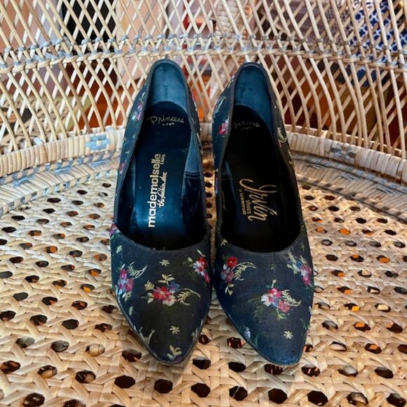 Black FLORAL 1960s PURSE and KITTEN HEELS 7N - Picture 3 of 10